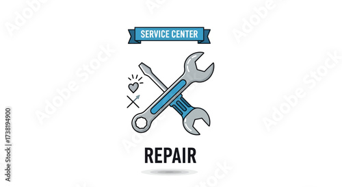 Illustration depicting service center emblem with crossed wrench and screwdriver symbol