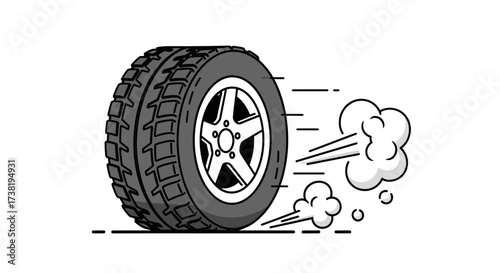 Illustration featuring a car tire in motion with velocity lines and smoke cloud trail