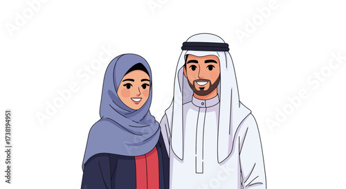 Illustration of a happy arab couple wearing traditional outfits in cartoon style vector graphics