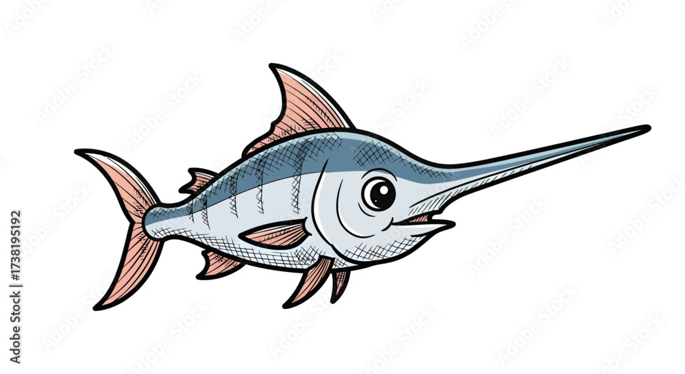 Naklejka premium A charming swordfish illustration showcases marine life in a whimsical and endearing style