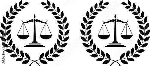 Justice scale icon set, legal symbol with laurel wreath, law and fairness illustration, judicial concept graphic, vector design, black and white style