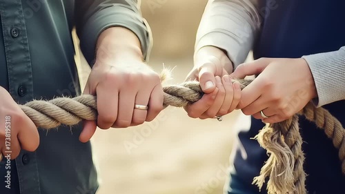 Two people engaged in a tug of war, hands gripping a thick rope in a close-up shot.