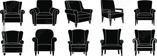 Silhouette armchair collection, modern furniture design, interior decor inspiration, stylish seating variety, minimalist chair shapes, black white contrast, home furnishing