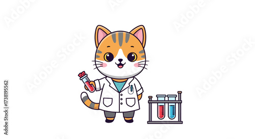 Adorable cartoon tabby cat chemist conducting scientific research holding test tube