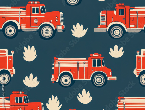 Seamless pattern with cartoon fire trucks and snow on dark blue background