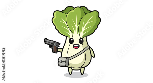 Animated bok choy character wielding a handgun with a neutral expression creating a humorous and
