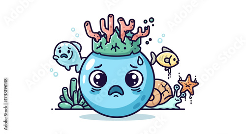 Anxious cartoon ocean scene with stressed aquatic life needing support and environmental awareness