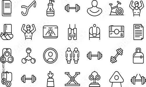 Fitness and gym icon set, black-and-white exercise, equipment, wellness, and training illustrations for apps, merch, branding, education, kit