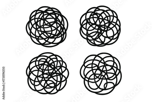 Set of tangled scribble clews. Abstract concept of chaos, confusion, and complexity. Metaphor for mental health, anxiety, stress, and problem solving. Untangling the mess.