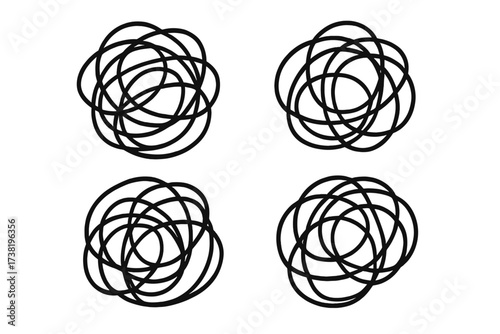 Set of tangled scribble clews. Chaos, confusion, and complexity concept. Abstract vector illustration of a messy knot. Symbol of anxiety, stress, or a difficult problem.