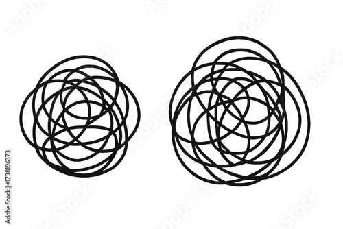 Tangled and untangled thread, chaos and order theory metaphor. Complex problem solving concept. Psychology, mental health. Messy mind, brain process, anxiety and stress relief.