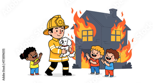 Brave firefighter rescuing a dog from a burning house, children cheer for the rescue hero