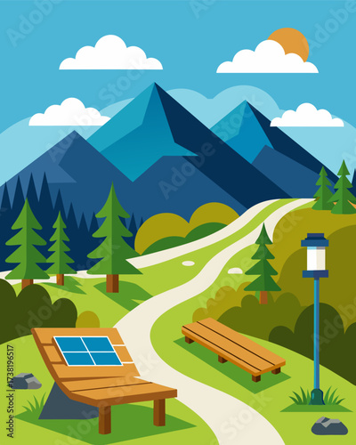 A scenic hiking trail with rest areas featuring benches equipped with solar charging ports allowing hikers to recharge their devices while taking in the beautiful surroundings.. Vector illustration