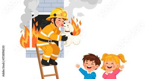 Brave firefighter rescuing dog from burning building cheered by children with building fire safety