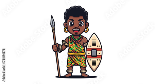 Cartoon African warrior with spear and shield in traditional tribal clothing artwork