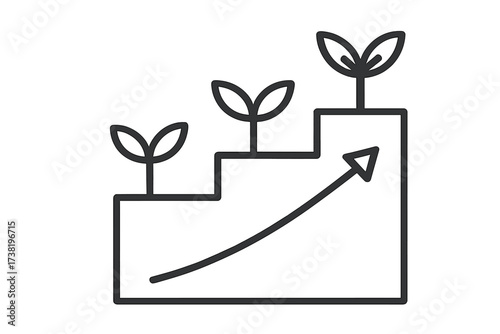Personal and business growth concept. Step by step development. Plant growing on chart. Investment success. Career ladder. Financial progress icon. Arrow up. Line art vector.