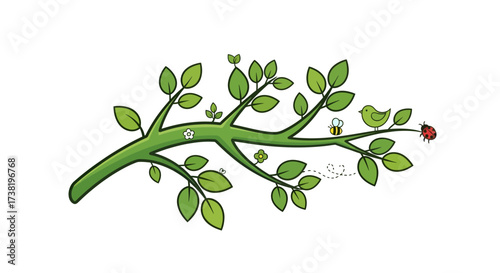 Cartoon branch featuring leaves small flowers a bird bee and ladybug bringing a touch of nature