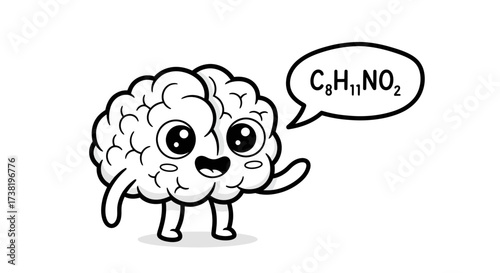 Cartoon brain character introducing the chemical structure of dopamine with friendly expression