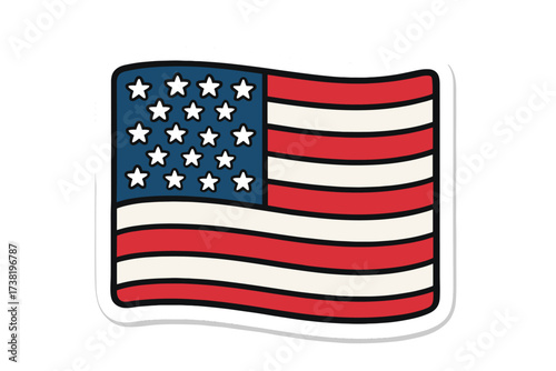 USA flag sticker vector illustration. American national symbol cartoon badge. Wavy United States emblem for Independence Day, 4th of July. Patriotic icon isolated design element.