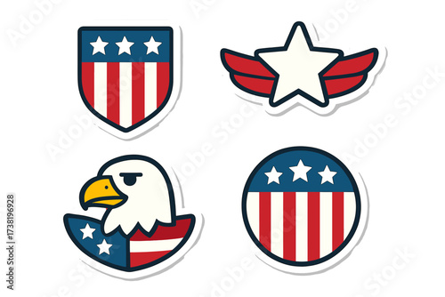 USA patriotic badge set. American national symbols collection. Flat vector cartoon illustration with eagle, shield, and star with wings. Military emblem and sticker pack.