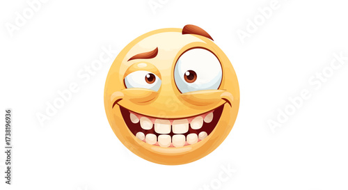 Cartoon emoji with a wide grin and misaligned eyes conveying comedic amusement