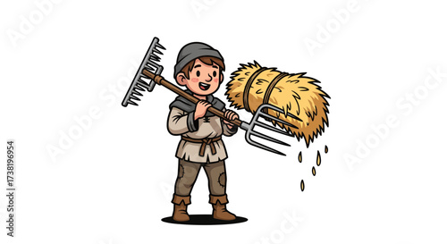 Cartoon farmer carrying hay and tools for agricultural labor in medieval era illustration