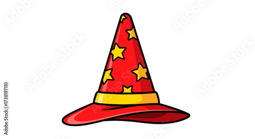 Cartoon illustration of a whimsical red wizard hat adorned with yellow stars vector graphic
