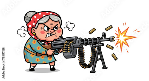 Cartoon illustration of a determined grandmother wielding a heavy machine gun firing rapidly