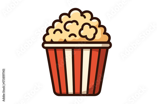 Popcorn in striped bucket box. Cinema movie night snack food icon. Vector cartoon illustration isolated on white background. Fast food for film watching entertainment.