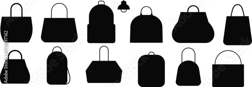 Bag silhouettes, handbag icons, backpack shapes, purse outlines, fashion accessories, retail design, black and white, minimal style, clean layout, variety