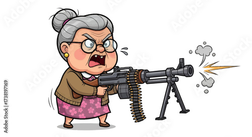 Cartoon illustration of an angry old woman character firing a heavy machine gun furiously