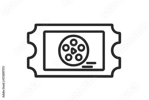 Cinema ticket icon with film reel and play button. Vector illustration for movie admission, film festival, or online streaming service. Simple outline graphic for web design.