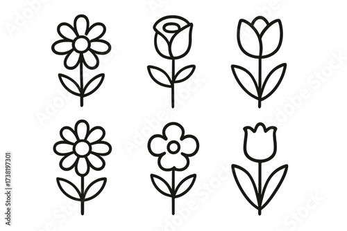 Flower icon set line art collection. Simple floral symbols. Rose, tulip, daisy. Minimalist vector illustration. Spring decoration botanical nature graphic elements logo.
