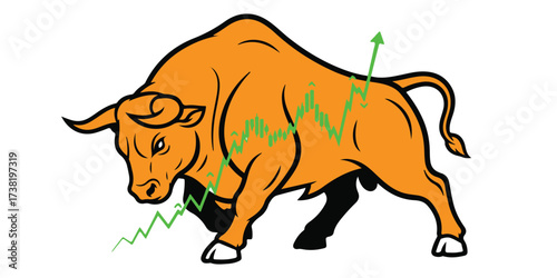 An orange bull with a green stock market graph overlaid, symbolizing a bullish market trend and financial growth.