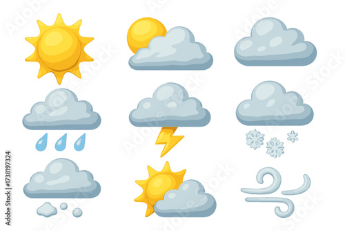 Weather icon set 3D realistic style. Vector cartoon illustration collection for forecast app or web. Sun, cloud, rain, snow, storm, wind symbols. Meteorology climate graphics.