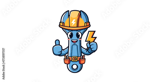 Cartoon wrench electrician mascot with positive gesture radiating energy in a playful design style