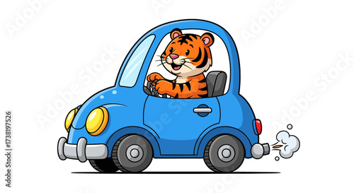 Cartoon tiger joyfully driving a cute blue car with exhaust fumes, showcasing playful