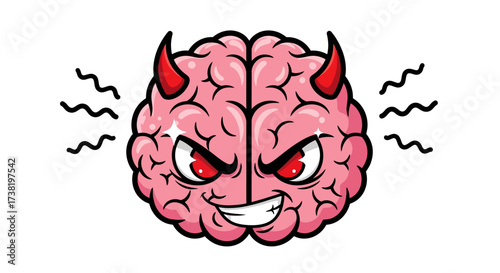 Cartoonish depiction of a menacing brain with devil horns symbolizing evil thoughts