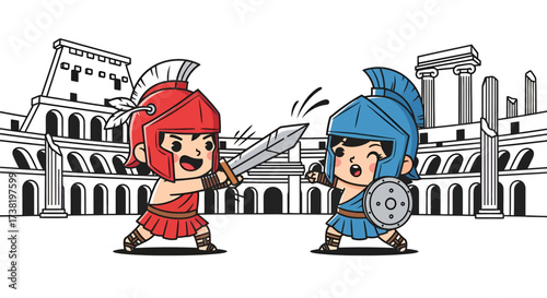 Cartoonish rendition of two gladiators in combat within a classic Roman amphitheater setting