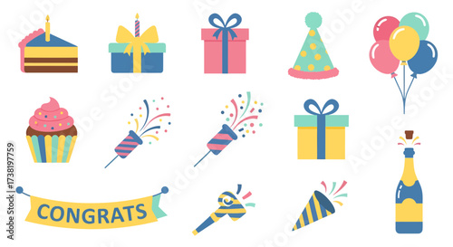 Celebratory icons for birthday parties showcasing treats gifts noisemakers and festive decorations