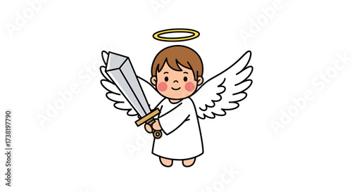 Charming angelic guardian illustration wielding a gleaming sword and golden halo smiling sweetly