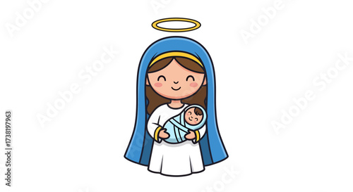 Charming cartoon depiction of a mother holding her newborn baby with a golden halo and blue veil
