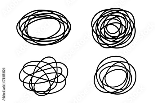 Set of tangled scribble line art symbols, chaotic abstract scrawl designs, hand-drawn linear style vector illustrations, transparent background, disorder and confusion concept