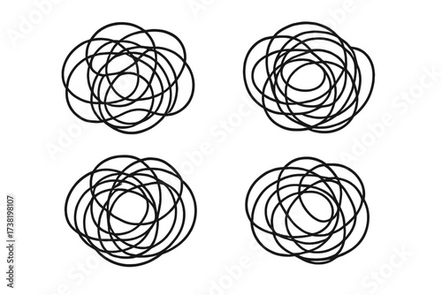 Set of tangled scribble and scrawl symbols, linear style abstract vector cartoons, chaotic line art icons with transparent background, graphic design elements collection