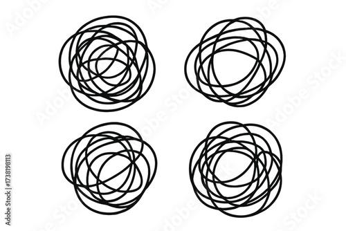 Abstract tangled scribble lines set, chaotic scrawl symbols, linear style vector cartoon illustrations with transparent background, artistic confusion and disorder design elements
