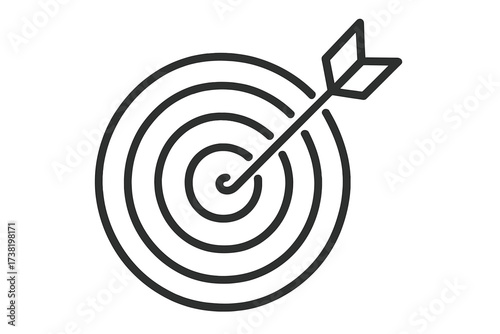 Target with arrow icon, linear style vector illustration, bullseye goal symbol, precision aim concept, success and achievement graphic, minimalistic design with transparent background