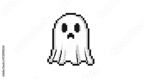 Charming pixel art ghost hovering playfully on a white background for halloween themed designs