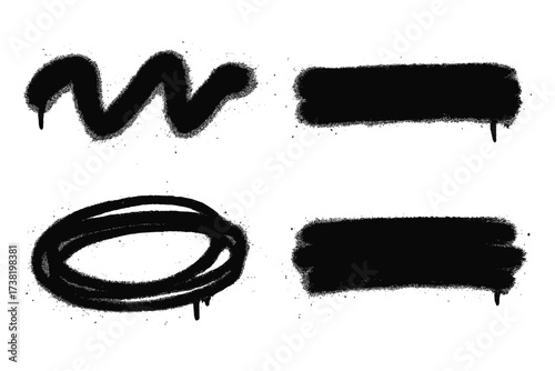Urban graffiti grunge brushstroke art. Hand-drawn rough underline and bold sprayed freehand stripes. Street art doodle shapes with scribble and paint splatter effects. Vector cartoon illustration.