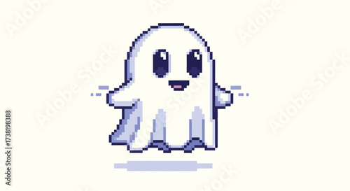 Charming pixelated ghost cartoon illustration with soft shadows and friendly expression perfect