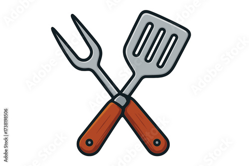 Crossed Grill Fork and Spatula Icon with Wooden Handles, Flat Style BBQ Cooking Tools Illustration, Vector Cartoon Kitchen Utensils for Barbecue and Outdoor Cooking